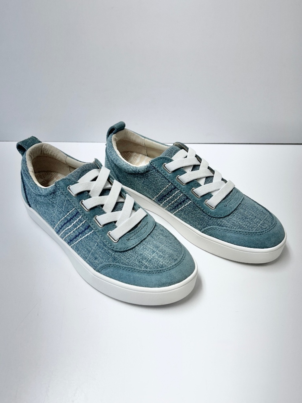 Revitalign Women’s 7.5B Orthotic Slip-On Sneakers Blue Denim Leather Trim NWOB